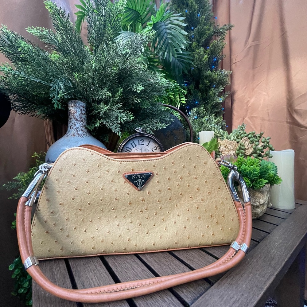 NYC Tan and Brown Shoulder Bag with Structured Frame